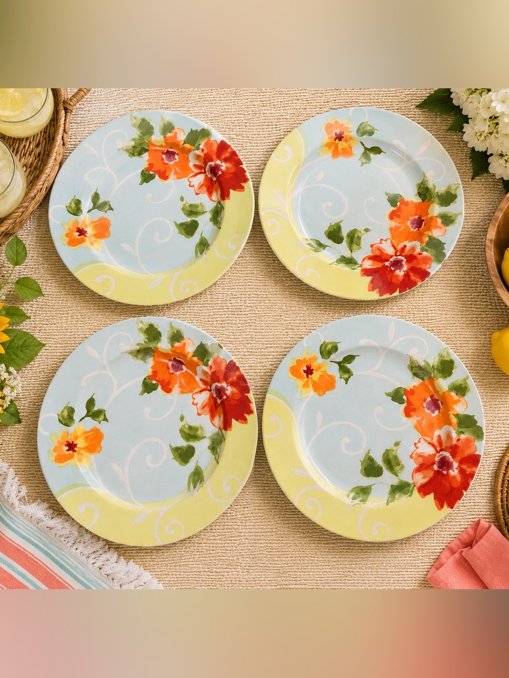 222 Fifth Ashbury Salad Plates Set of 4 Floral Garden Brunch Tea Party Retired